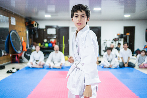 Portrait of a child boy during a karate class
