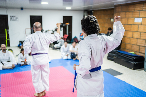 Karate students practicing during a karate class