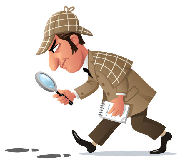 ilustraciones, imágenes clip art, dibujos animados e iconos de stock de detective con lupa siguiendo huellas - detective inspector forensic science searching