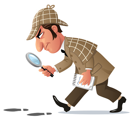 Vector illustration of a detective with a magnifying glass and a note pad following footprints. Concept for crime, criminal investigation, security and police force. Part of a series.