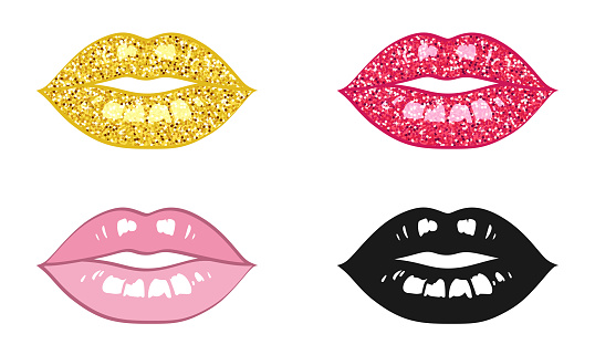 Set of colorful woman lips, isolated on a white background. Black and white, pink, with gold and red glitter texture. Vector decorative female lips for cover, wrapper, website, sign, logo, label, emblem, print for t-shirt, clothing, fashion and beauty