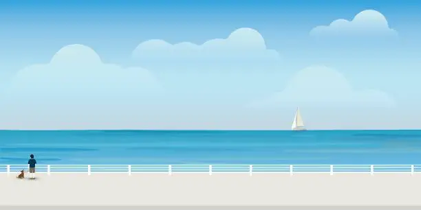 Vector illustration of Man with his dog at seashore in summer. Seascape and blue sky flat design background.