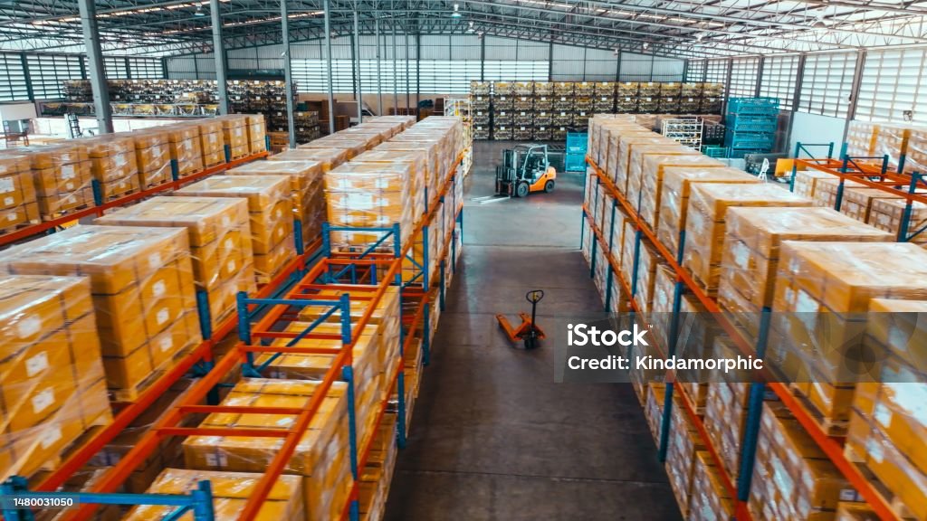 High angle view, merchandise packages stores on shelf rack in factory warehouse. Logistic industry business, industrial job career, factory work environment concept Warehouse Stock Photo