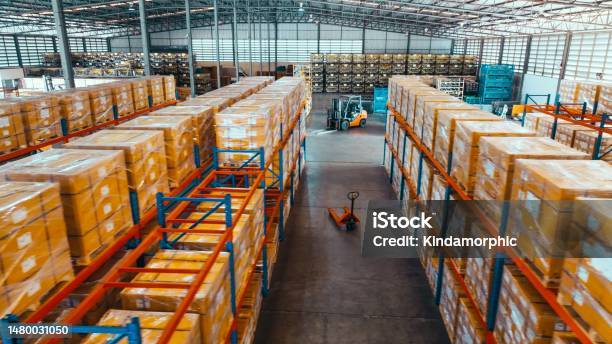 High Angle View Merchandise Packages Stores On Shelf Rack In Factory Warehouse Logistic Industry Business Industrial Job Career Factory Work Environment Concept Stock Photo - Download Image Now