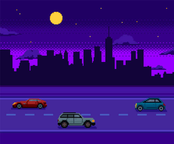 ilustraciones, imágenes clip art, dibujos animados e iconos de stock de fondo de juego de arte de píxeles con paisaje urbano nocturno y autos en la carretera. silueta de la ciudad con luna y estrellas. ilustración vectorial. - color image car futuristic road trip