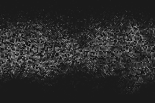 Black And White Halftone Dotted Backdrop.Monochrome Pop Art Style Background. Silver Explosion Of Confetti. Digitally Generated Image. Vector Illustration, Eps 10.
