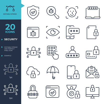 Security icons set. Editable stroke, perfect pixel thin line icons collection. Vector illustration. Useable for website, marketing materials, design, logo, app, template, ui, interfaces, layouts etc.