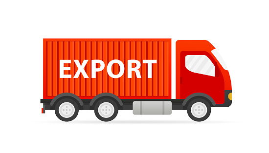 A truck with the inscription export. Freight transportation. Logistics. Selling goods overseas. Export control, export controlled materials, export licensing services concept. Vector illustration