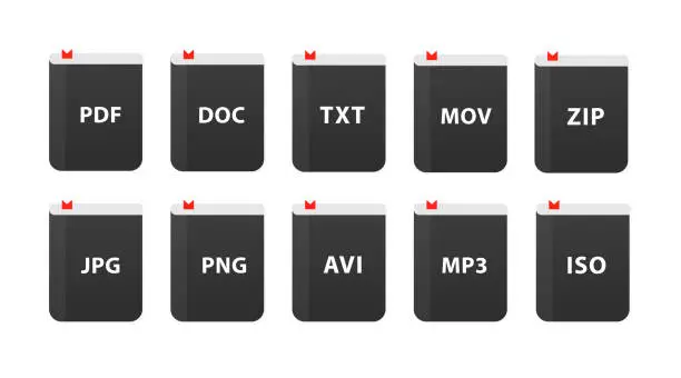 Vector illustration of Different file format download icons. Download buttons for website or app.  File format extensions icons. Download book. PDF, MP3, TXT, DOC, ZIP, JPG, PSD, AVI, MOV, PNG, ISO. Vector illustration