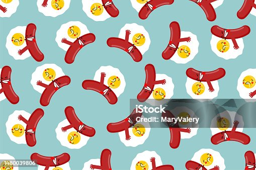 istock Egg and sausage love pattern seamless. Fried egg and bacon background. breakfast texture 1480039806