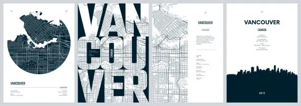 Vector illustration of Set of travel posters with Vancouver, detailed urban street plan city map, Silhouette city skyline, vector artwork