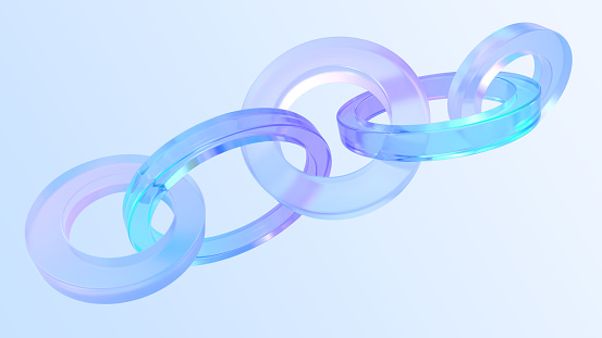 Glass chain of iridescent links 3d render. Border with connected crystal rings. Abstract holographic composition of geometric shapes with gradient texture, isolated graphic elements. 3D illustration