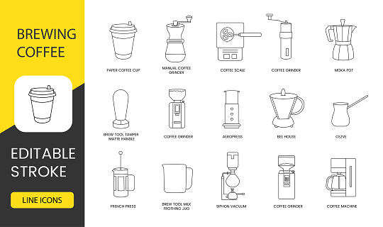 Coffee brewing line icon set in vector, illustration of paper coffee cup and manual coffee grinder, scale and moka pot, aeropress and bee house, french press and cezve, siphon vacuum. Editable stroke