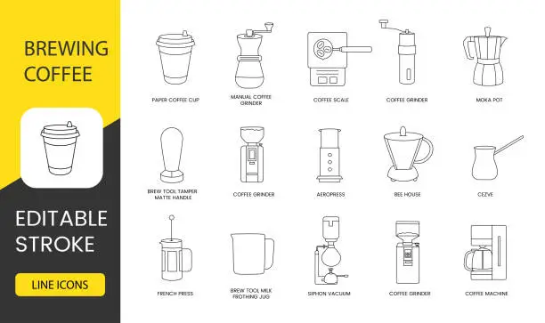 Vector illustration of Coffee brewing line icon set in vector, illustration of paper coffee cup and manual coffee grinder, scale and moka pot, aeropress and bee house, french press and cezve, siphon vacuum. Editable stroke.