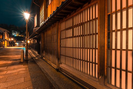 Night shot at Higashi Chaya, geisha district of Kanazawa in Japan