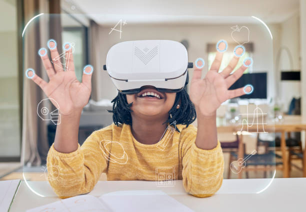 istock Vr, education and child in headset elearning in virtual class in metaverse, gaming or video streaming. Futuristic learning, cyber classroom and innovation in technology for children with icon overlay 1480045539