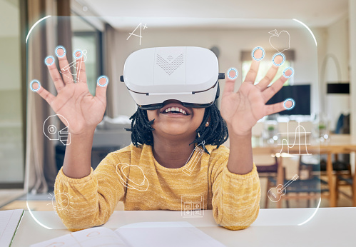 Vr, education and child in headset elearning in virtual class in metaverse, gaming or video streaming. Futuristic learning, cyber classroom and innovation in technology for children with icon overlay