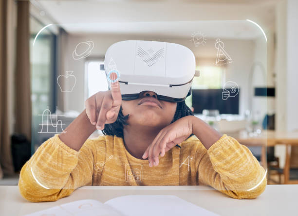 istock Augmented reality, education and child with headset for test in virtual class in metaverse online. Futuristic elearning, vr and innovation in technology for children in home school with icon overlay. 1480045545