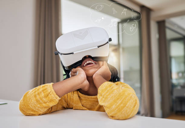 istock Vr, metaverse and child with smile in elearning class, gaming or virtual video streaming online. Futuristic education, augmented reality and innovation in technology for happy children in home school 1480045552