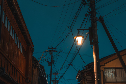 Low angle shot City lamp at night in Kanazawa