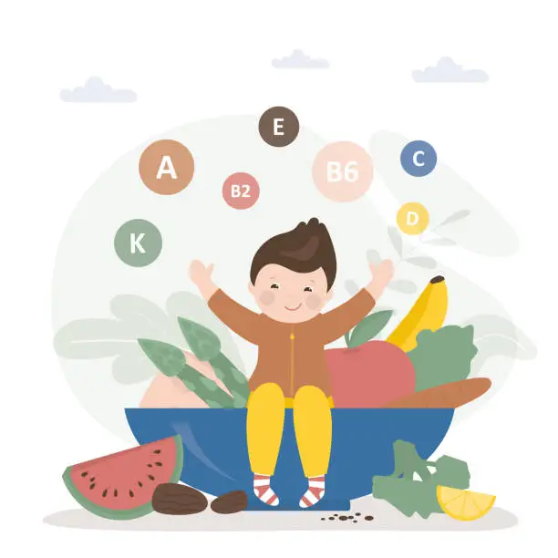 Vector illustration of Happy healthy boy, proper nutrition. Vegetables and fruit mix. Food containing many useful vitamins, nutrition for a growing organism. Green veg nutrition.