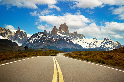 Road and mountain panorama with Fitz Roy peak at Los Glaciares National Park, Argentina