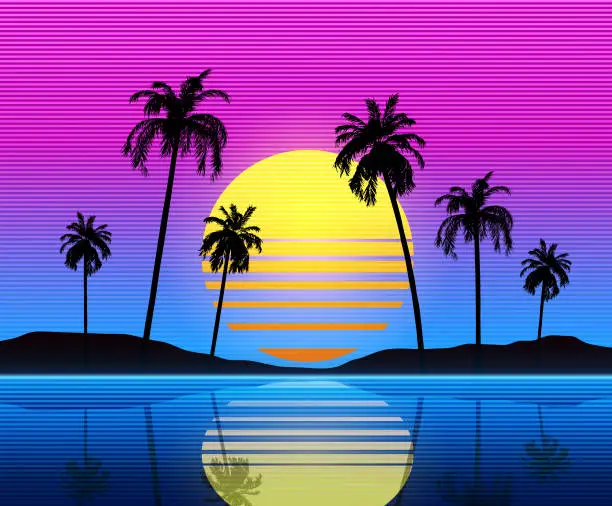 Vector illustration of Sunset with palm trees on the beach