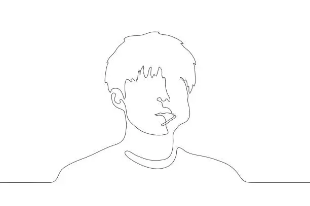 Vector illustration of one continuous line drawing silhouette of a young man with a lollipop in his mouth. Portrait on the shoulders of a handsome man with a swollen cheek and a stick out of his mouth. For animation. Vector
