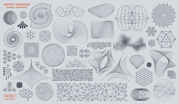 Abstract Technology Elements Vector illustration of technology  design elements. Wire mesh line art. Modern retro style. Illustration with editable strokes. mathematics symbol computer icon science stock illustrations