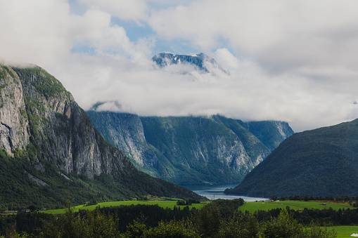 Panoramic view of fresh green fjord of Western Norway in Eidfjord, Scandinavia