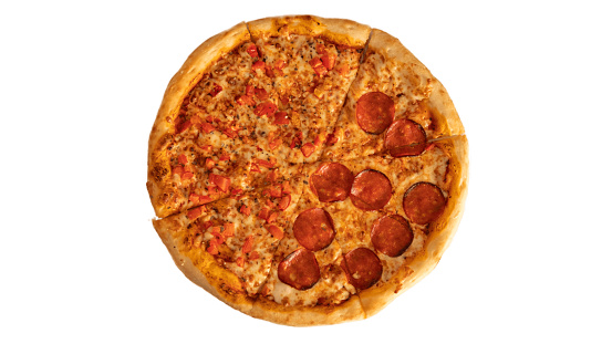 Pepperoni pizza isolated on a white background. Top view