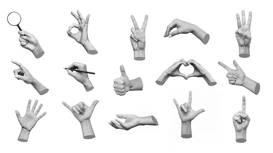 Collection of 3d hands showing gestures ok, peace, thumb up, point to object, shaka, rock, holding magnifying glass, writing on white background. Contemporary art, creative collage. Modern design