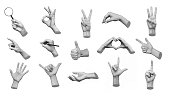 Collection of 3d hands showing gestures. Contemporary art, creative collage. Modern design