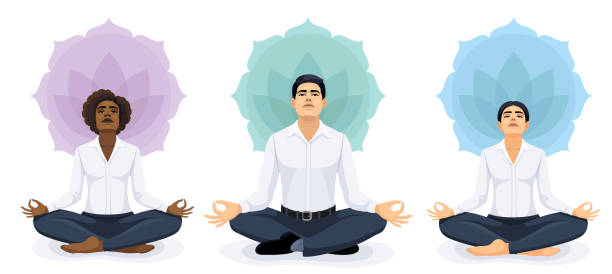 медитирующие бизнесмены и деловые женщины, смотрящие на голубое небо. иллюстрация концепции медитации. - yoga women emotional stress praying stock illustrations