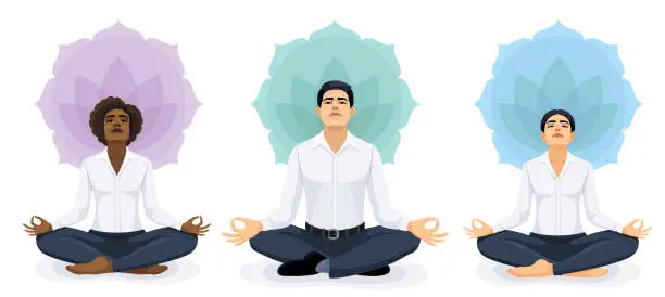 Vector illustration of Meditating Businessman and Businesswomen looking up to blue sky. Meditation concept illustration.