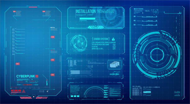 ilustraciones, imágenes clip art, dibujos animados e iconos de stock de los elementos de pantalla de interfaz de usuario futurista gui ui configurados. pantalla de alta tecnología para videojuegos. diseño conceptual de sci-fi. bloques de marcos cuadrados establece elementos de interfaz de hud. marco de advertencia futurista. - digital viewfinder