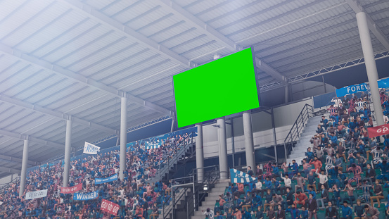 Stadium Championship Match: Scoreboard Green Chroma Key Screen. Crowd of Fans Cheering, Having Fun, Supporting. Sports Channel Television Advertising Mock-Up. Content for Digital Devices Displays.