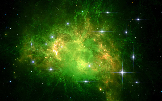 Glowing giant green blob of gas and dust, Lyman-alpha radiation. 3D illustration