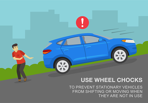 Safe driving rules and tips. Use wheel chocks to prevent vehicles from shifting or moving when they are no in use. Male character scared of suv rolling back. Flat vector illustration.