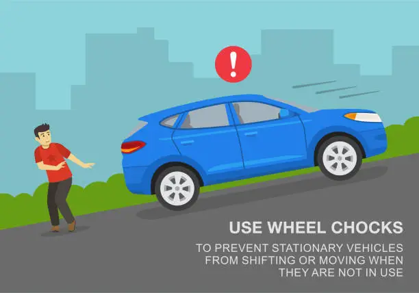 Vector illustration of Use wheel chocks to prevent vehicles from shifting or moving when they are no in use. Male character scared of suv rolling back.