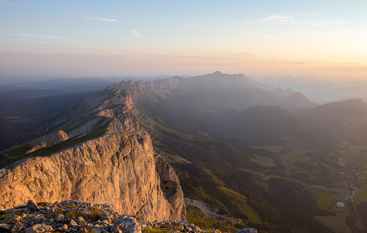 Sunrise in summer on the Western Barrier of Vercors, from the summit of Grand Veymont
