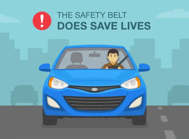 Vector illustration of Safe car driving tips and rules. The safety belt does save lives poster design. Male driver wearing a seatbelt.