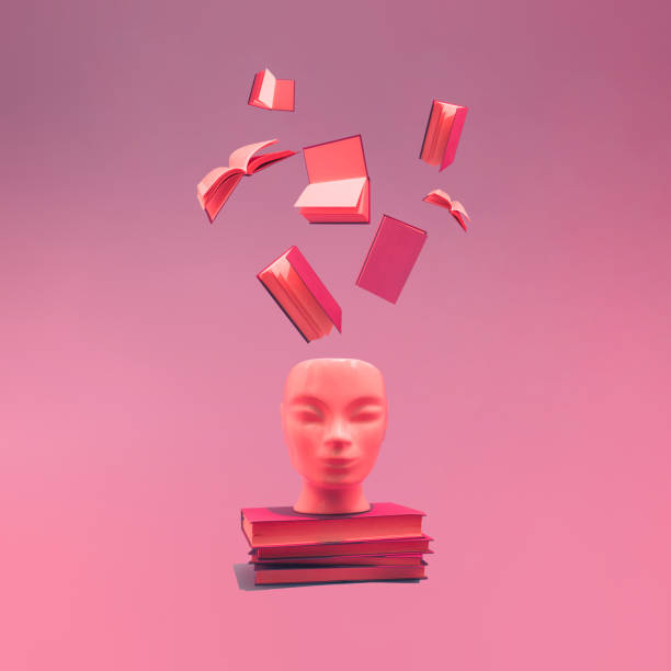 istock Human head with books on gradient magenta background. Surreal, education, study and knowledge concept 1480060379