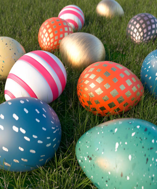 istock Group of colourful eggs on a grass lawn 3d render 1480063760
