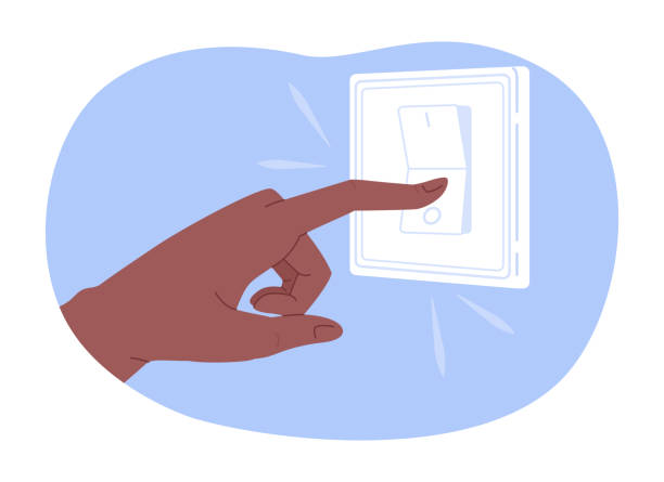 stockillustraties, clipart, cartoons en iconen met turning off light to save electricity 2d vector isolated spot illustration - in en uitschakelen