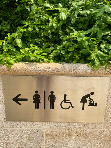 Stock photo showing sign outside of some public toilets, indicating the facilities available.