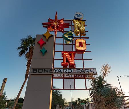 Las Vegas, United States - November 22, 2022: A picture of the colorful neon sign at Boneyard Park.