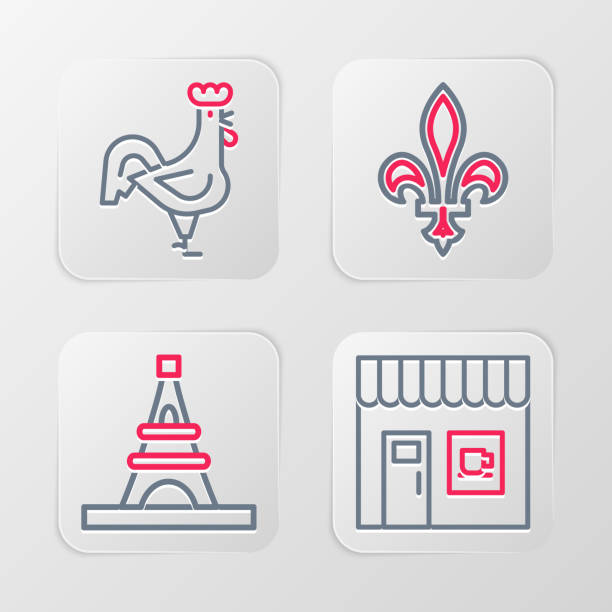 Set line Coffee shop, Eiffel tower, Fleur De Lys and French rooster icon. Vector Set line Coffee shop Eiffel tower Fleur De Lys and French rooster icon. Vector. delaware rooster stock illustrations