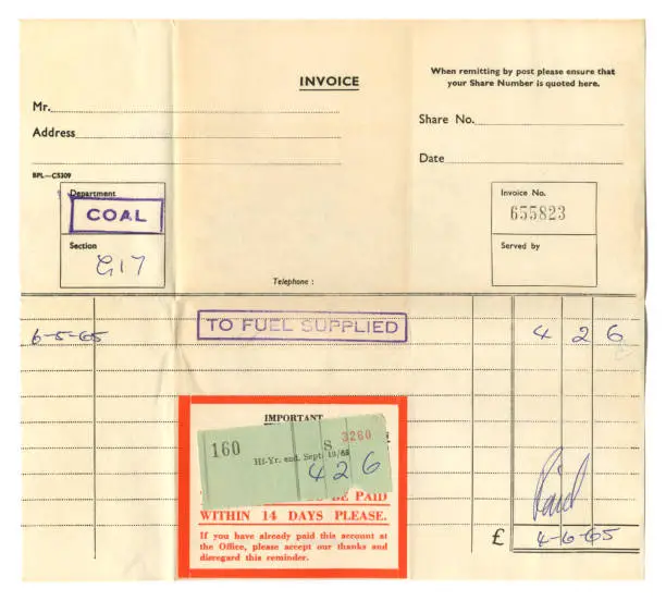 Receipt dated 1965 for a delivery of domestic coal at a cost of £4.2s.6d. All identifying details have been removed.