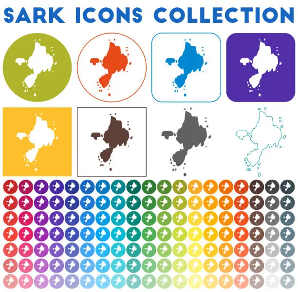 Vector illustration of Sark icons collection. Bright colourful trendy map icons. Modern Sark badge with island map. Vector illustration.